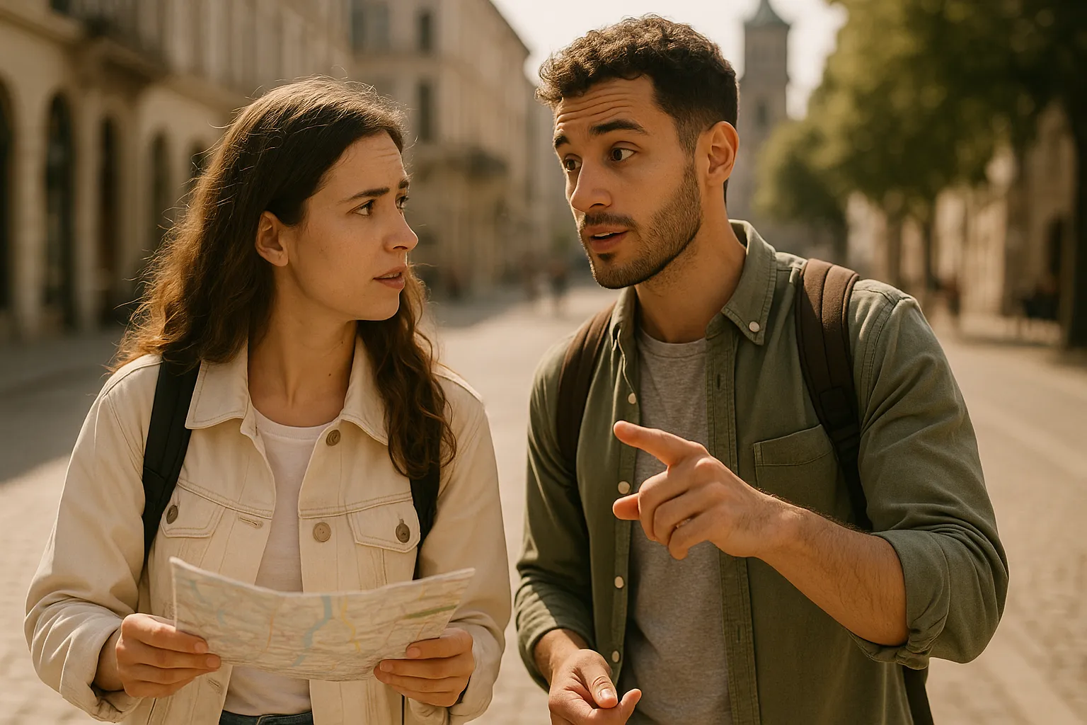 Um turista olhando um mapa e pedindo informações para uma pessoa na rua.