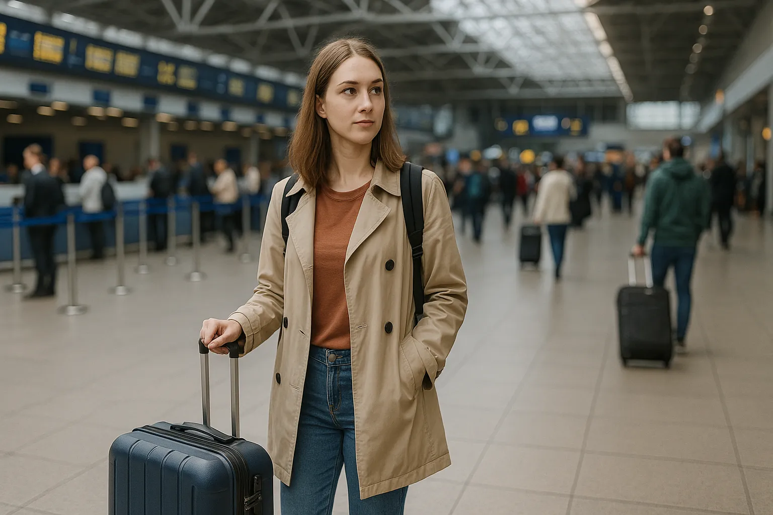 Um balcão de check-in de companhia aérea com uma atendente e um passageiro entregando o passaporte.