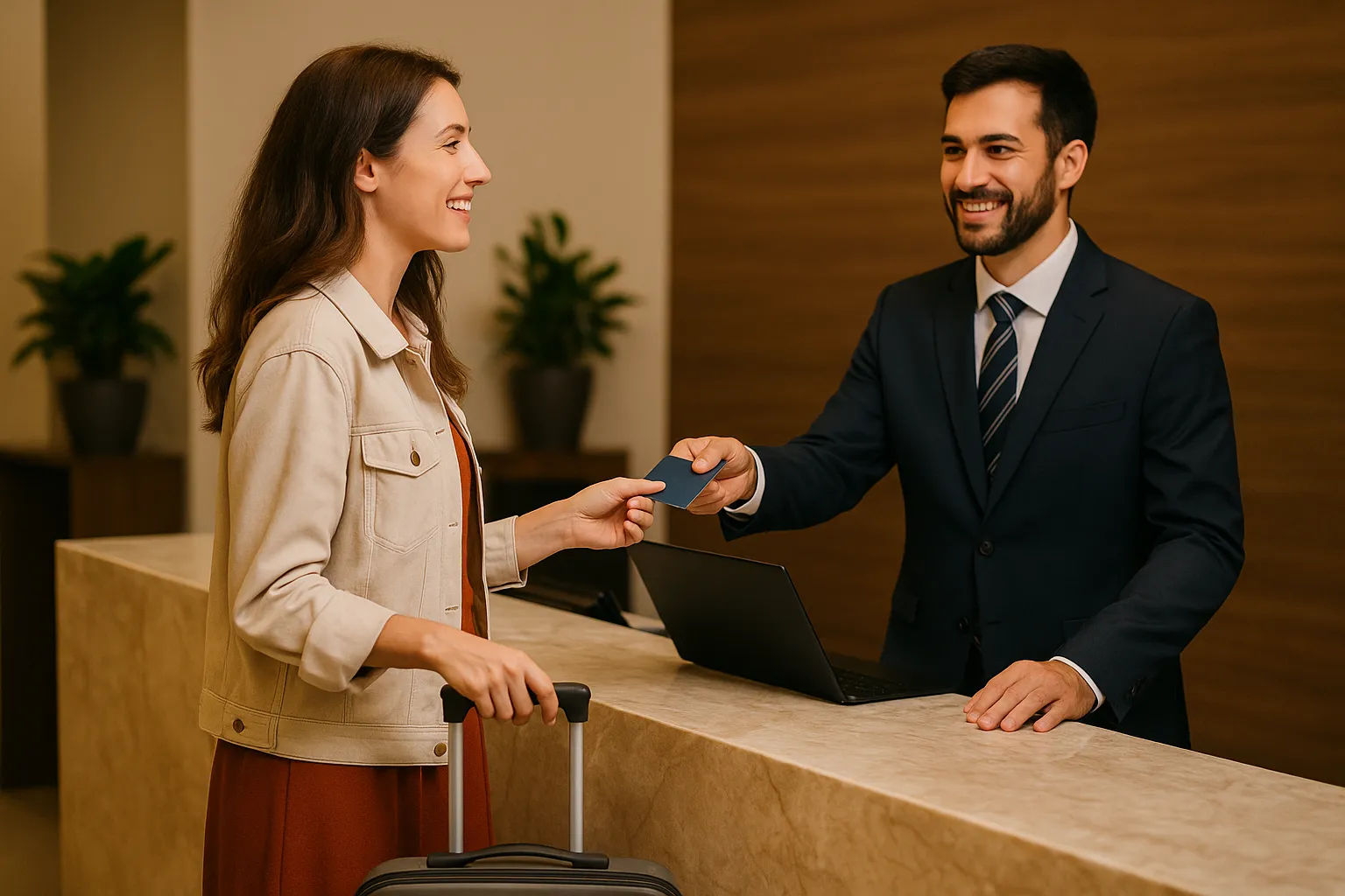 A recepção de um hotel, onde um recepcionista sorri e entrega um cartão-chave para um hóspede.