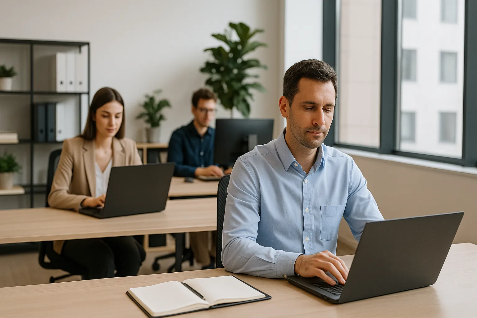 Uma mesa de escritório organizada com um computador, uma luminária, um caderno e uma xícara de café.