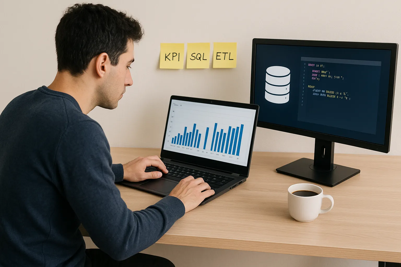 Um profissional de dados trabalhando em sua mesa com um laptop mostrando gráficos e código SQL.