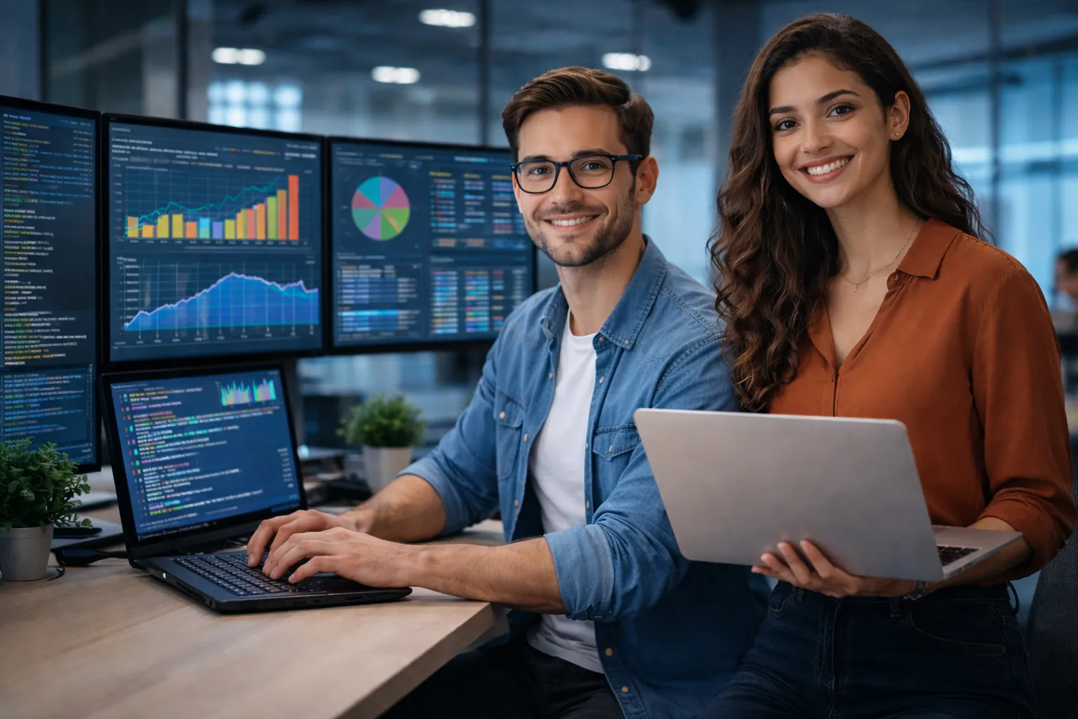 Pessoa trabalhando com código e gráficos no computador.