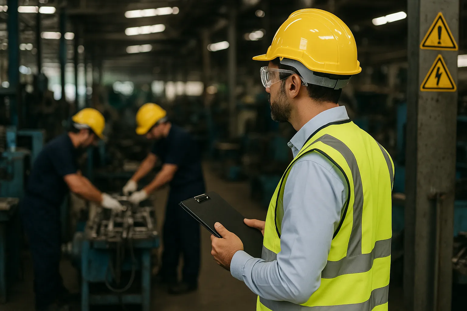 Um engenheiro de segurança inspecionando uma fábrica de autopeças, usando capacete e colete de segurança.