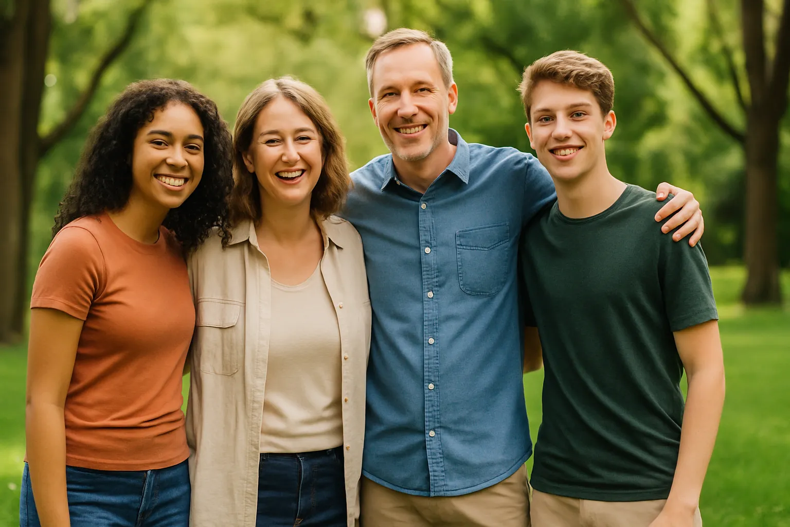 Um grupo de amigos diversos rindo e se divertindo juntos ao ar livre.