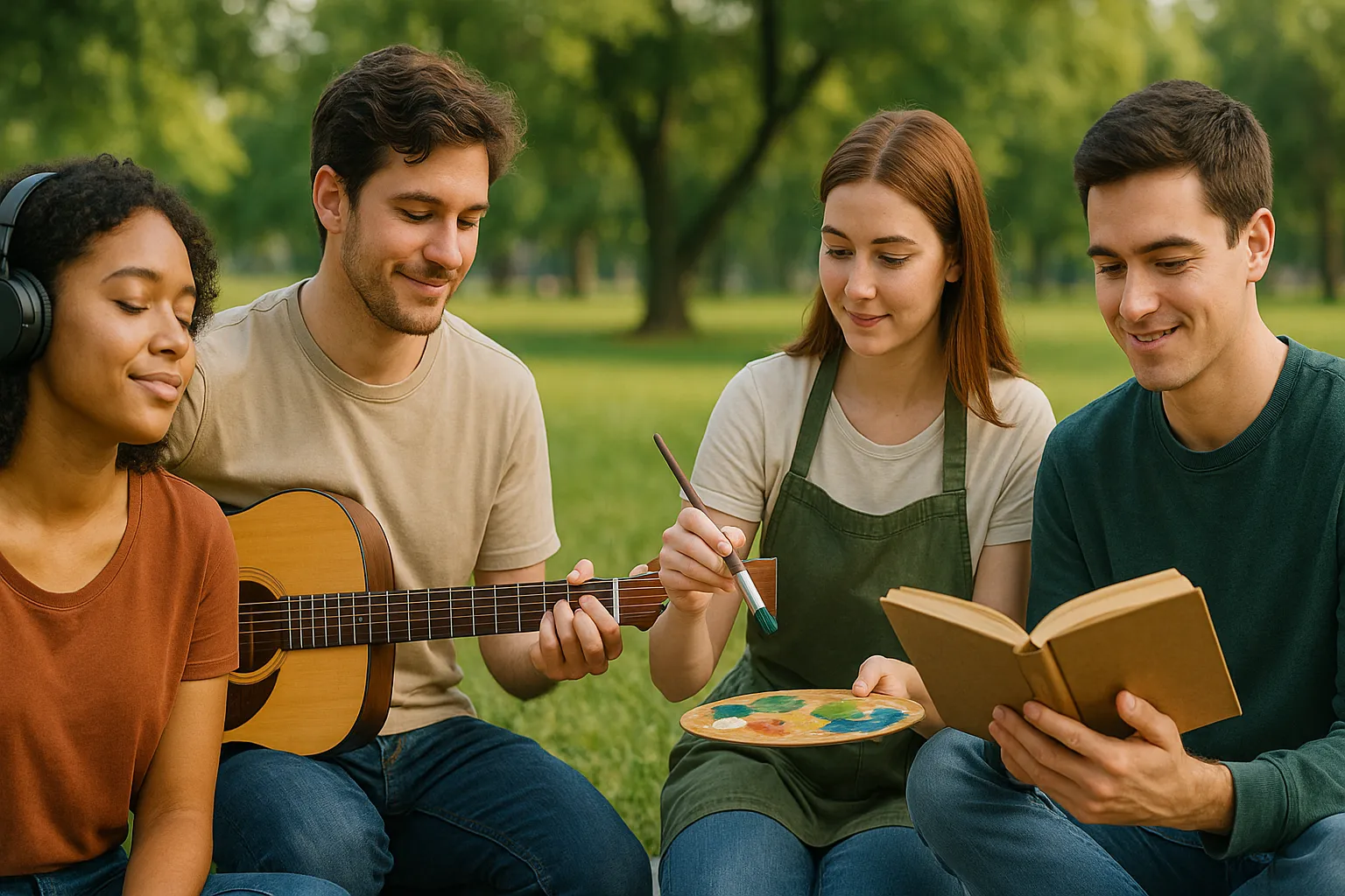 Pessoas praticando diferentes hobbies como tocar violão, pintar e caminhar.
