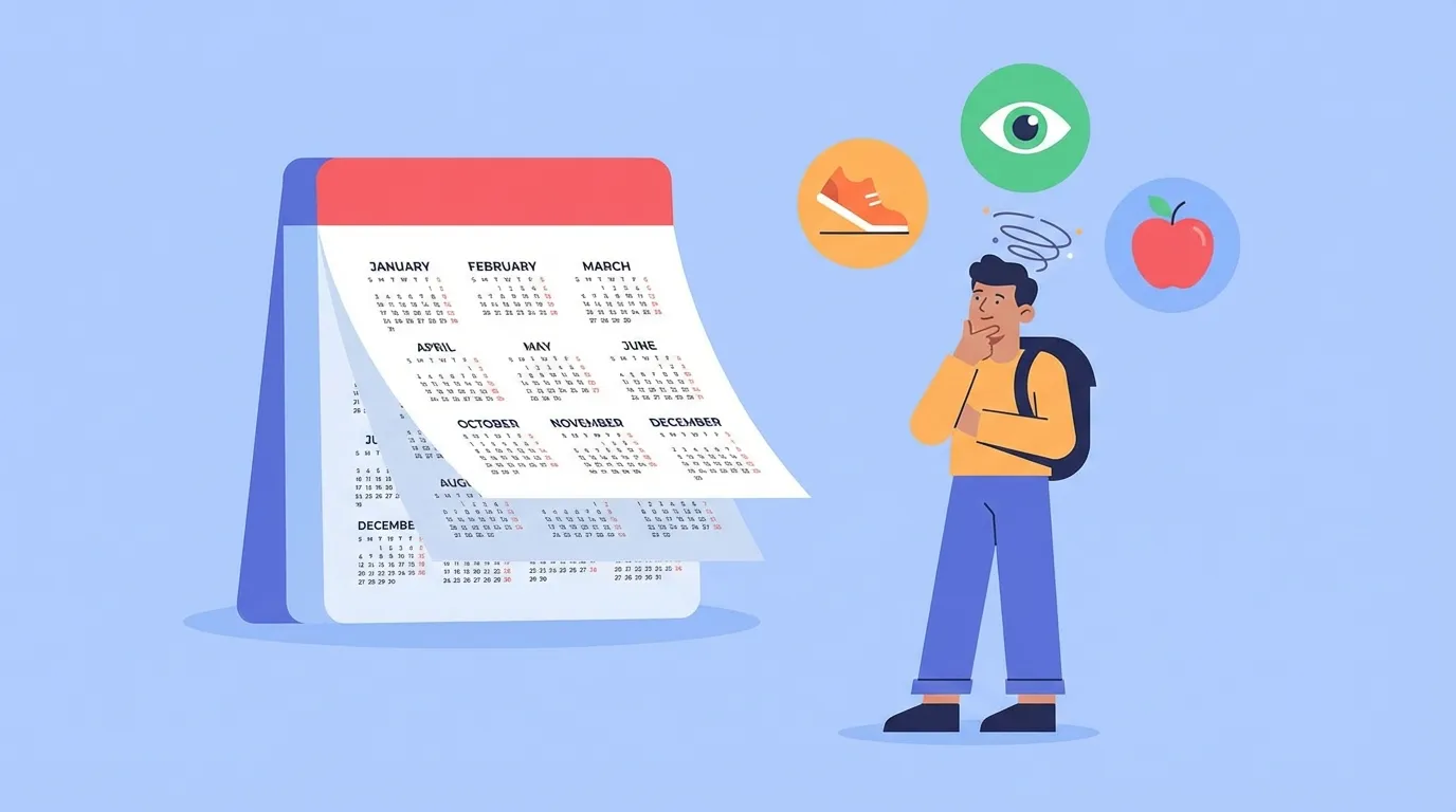 Ilustração vetorial de um estudante pensando sobre o passado, cercado por ícones coloridos representando ações como caminhar, ver e comer.