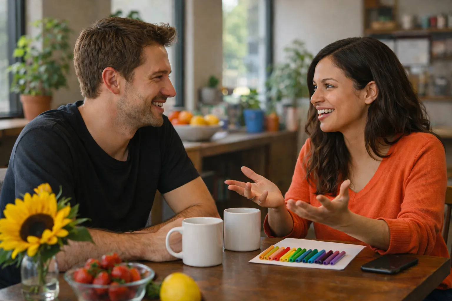 Um homeme e uma mulher conversando