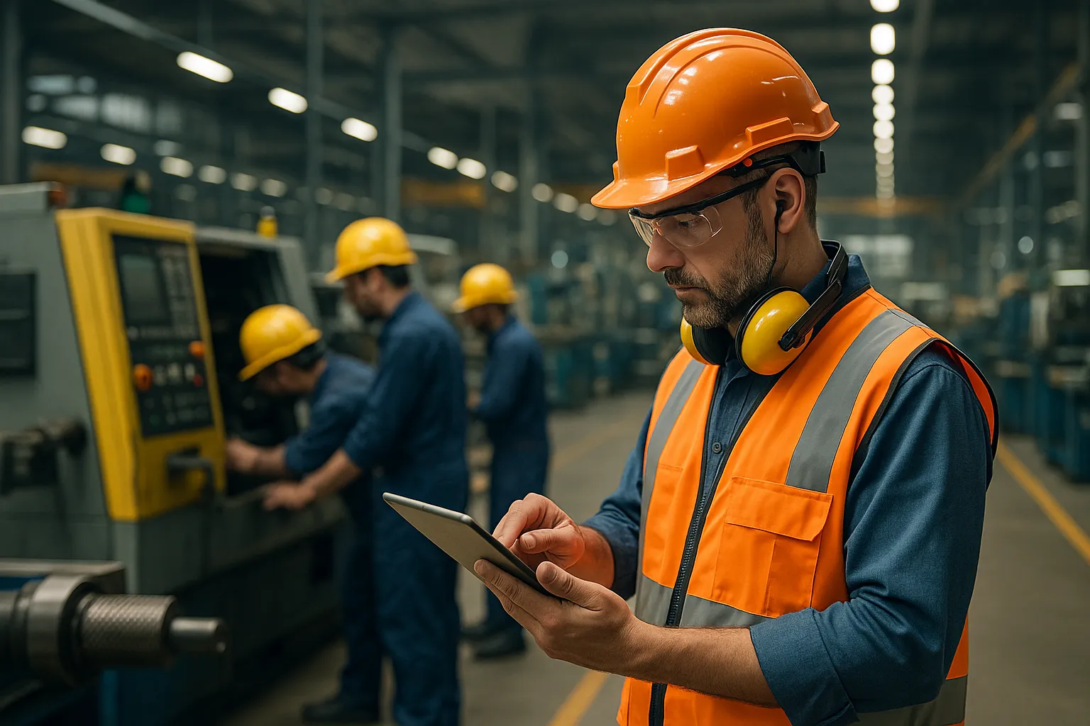 Um supervisor de manutenção com um tablet, inspecionando máquinas em uma fábrica.