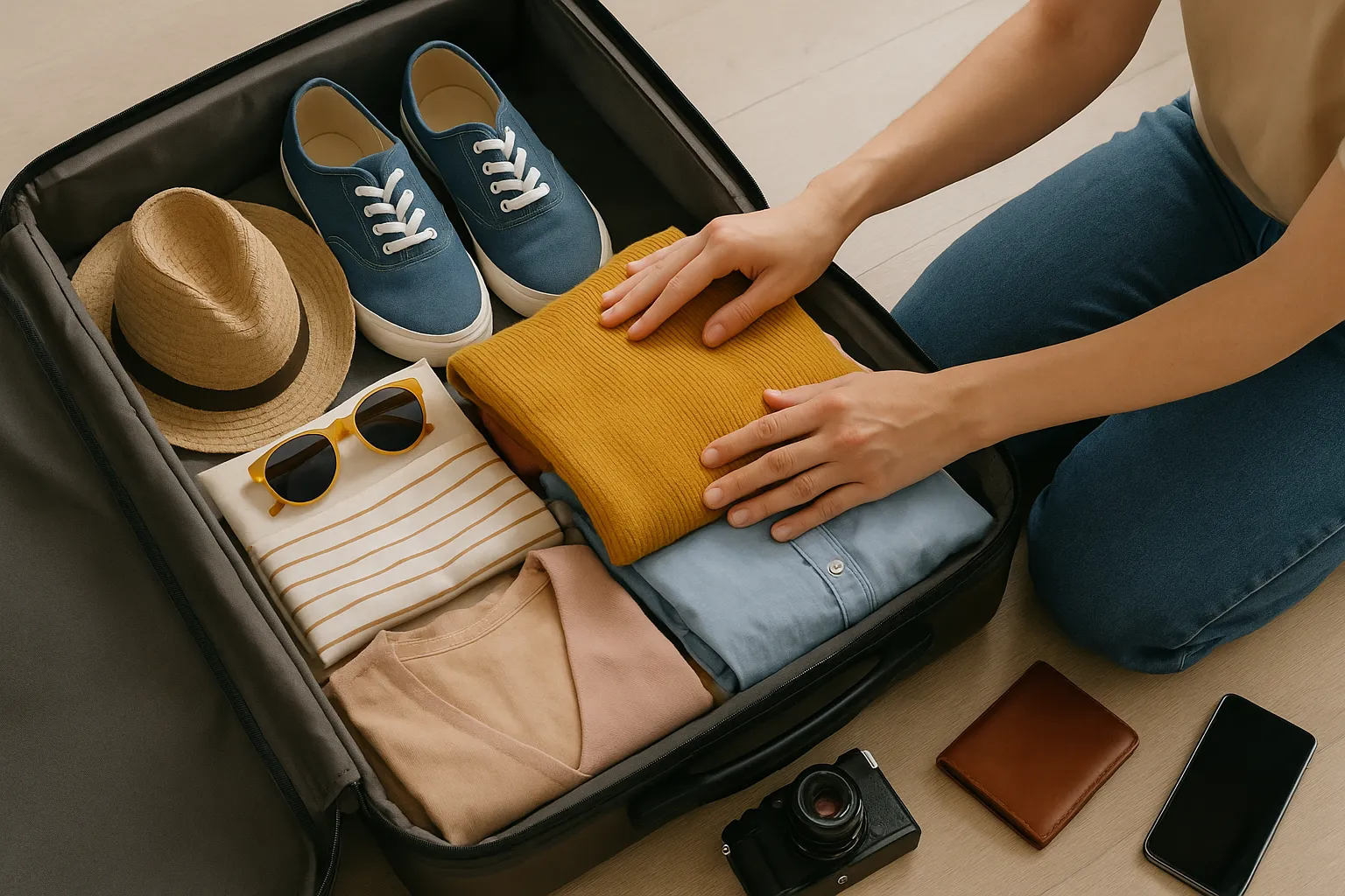 Uma mala de viagem aberta com roupas e itens como passaporte, óculos de sol e câmera sendo organizados.