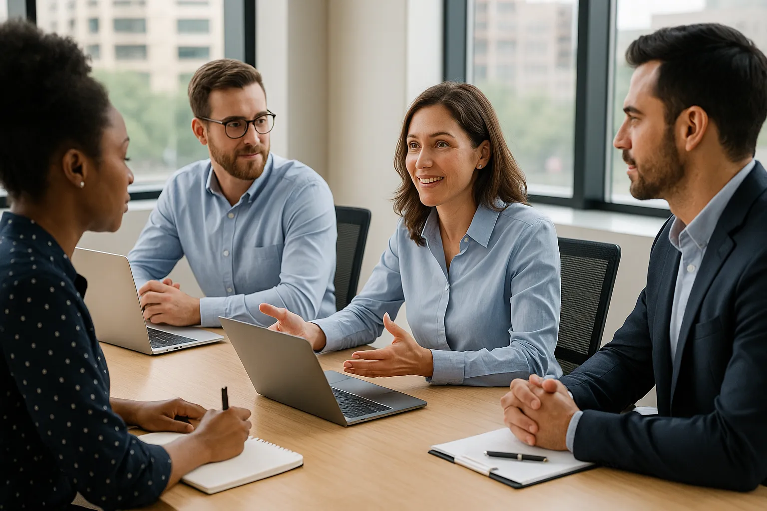 Um grupo de pessoas em uma reunião de negócios, sentadas ao redor de uma mesa de conferência e discutindo um projeto.