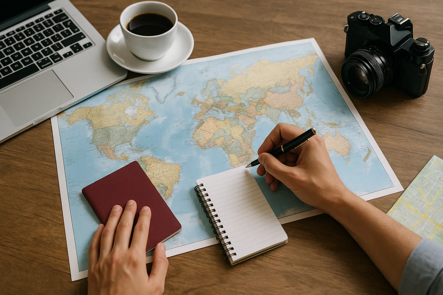 Uma pessoa olhando um mapa-múndi com um caderno e uma caneta, planejando uma viagem.