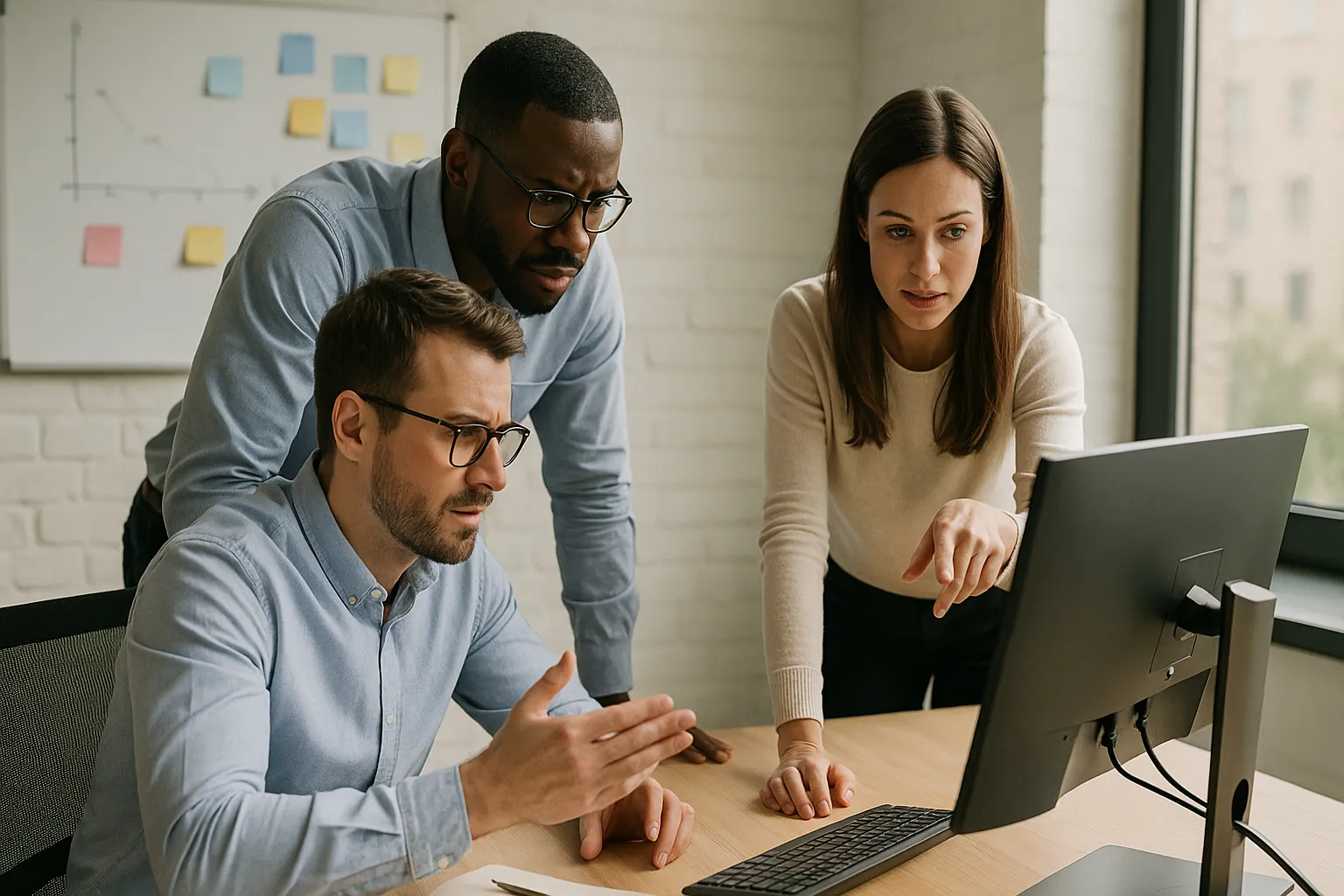 Equipe discutindo soluções em frente a um quadro branco.