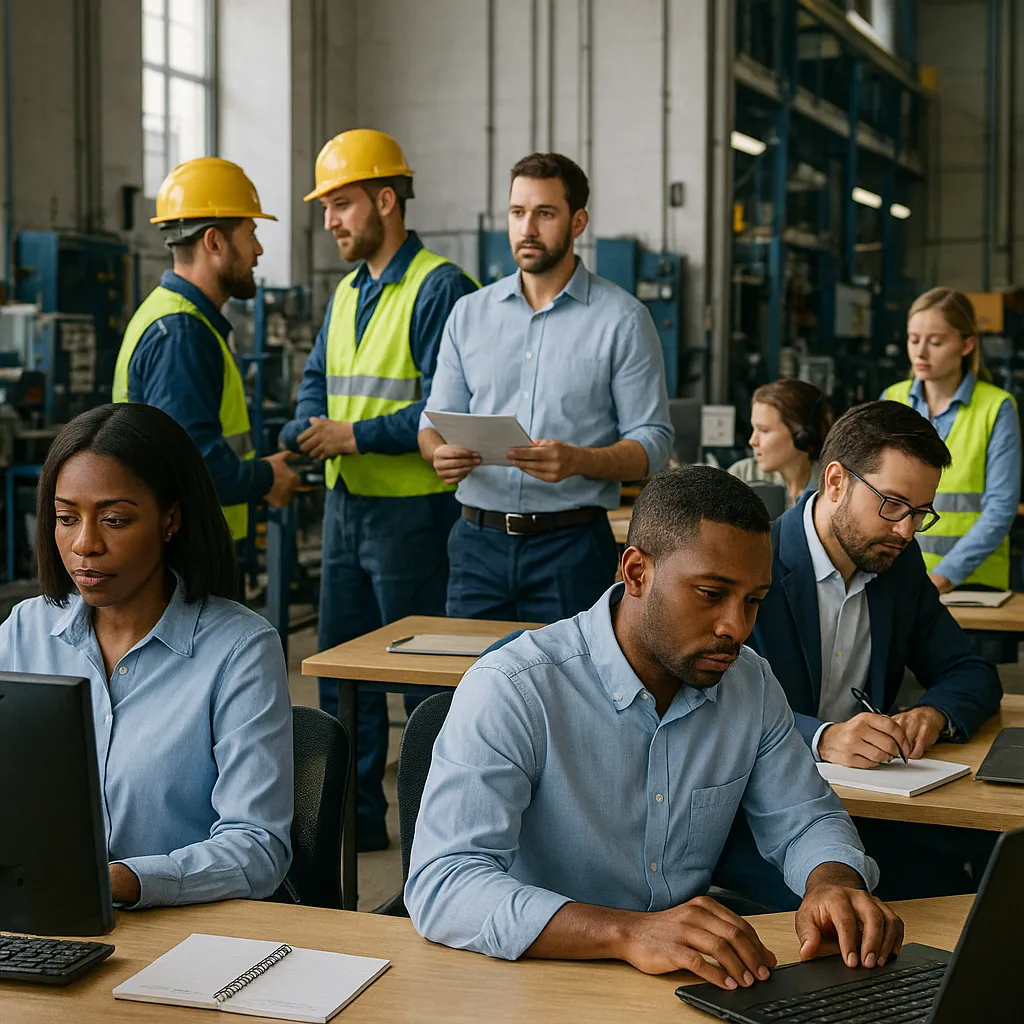 Um grupo de pessoas trabalhando em uma grande empresa, incluindo operários, engenheiros e funcionários de escritório.
