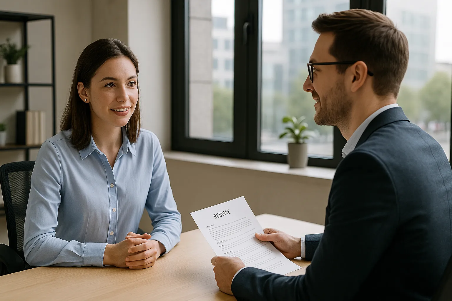 Um entrevistador e um candidato sentados frente a frente em uma sala de escritório, conversando durante uma entrevista de emprego.