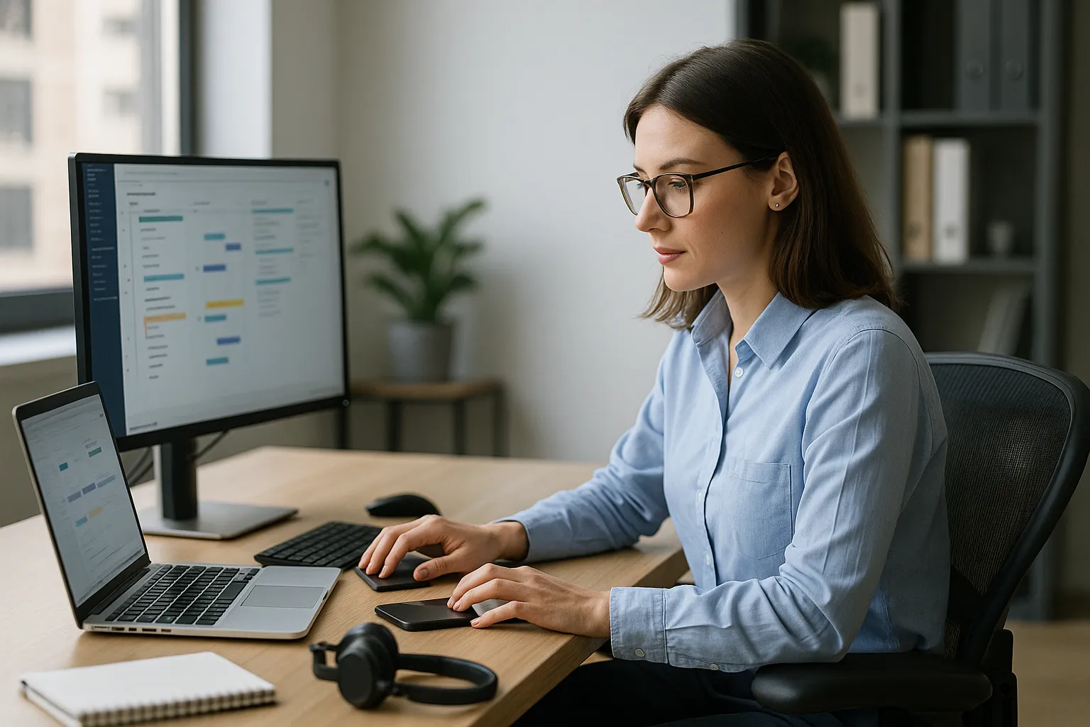 Ícones de tecnologia como e-mail, Wi-Fi, computador e nuvem flutuando ao redor de uma pessoa trabalhando em um laptop.