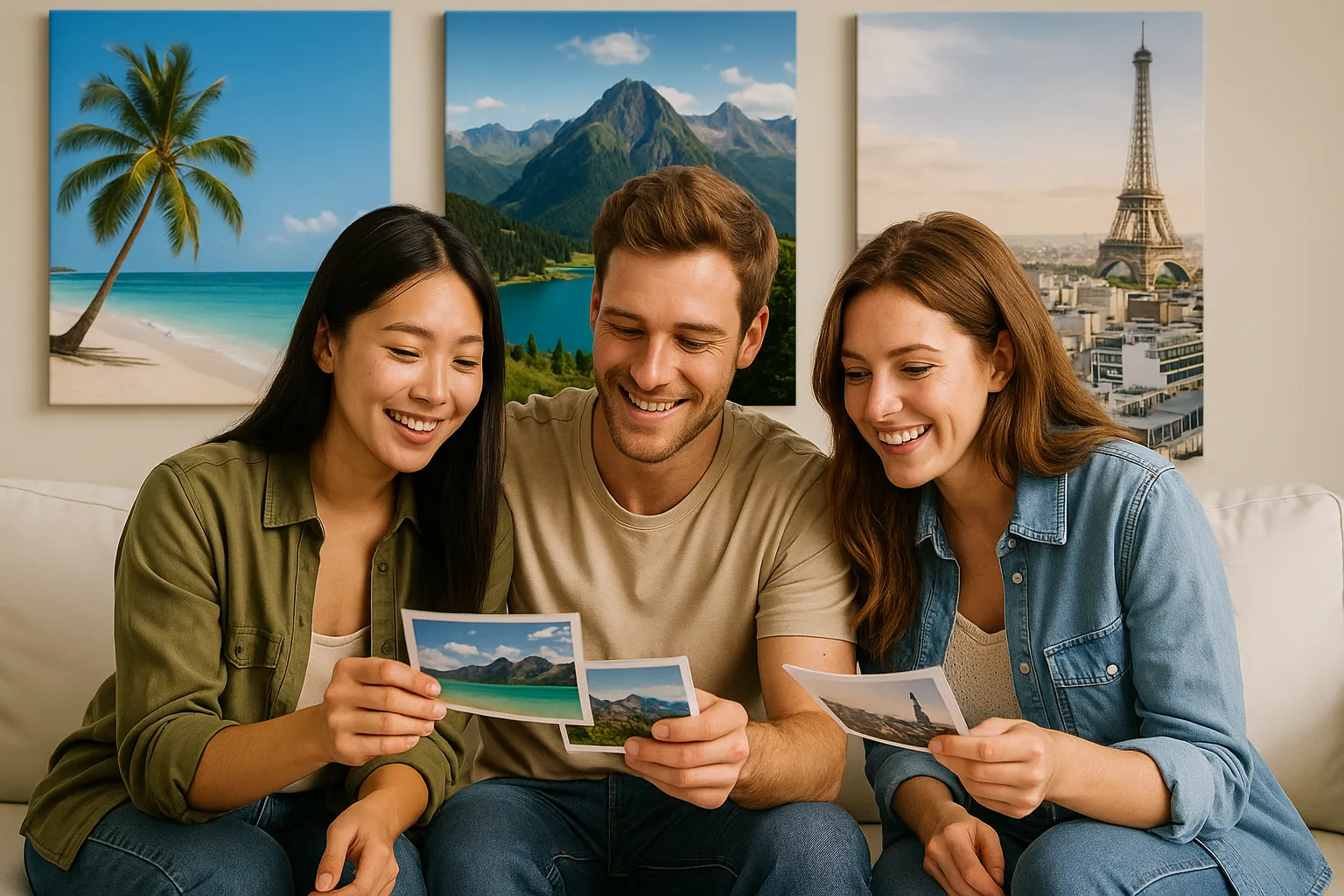 Uma montagem de fotos mostrando diferentes tipos de viagem: uma praia tropical, uma cidade movimentada à noite, e montanhas nevadas.