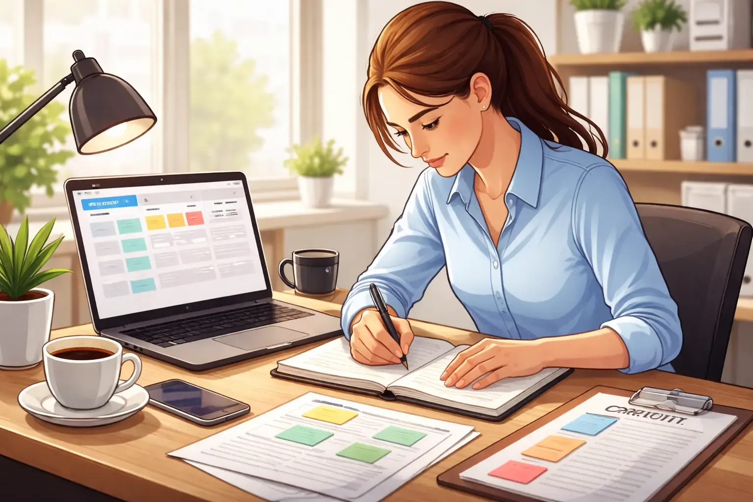 Profissional organizando tarefas em sua mesa com laptop e agenda.