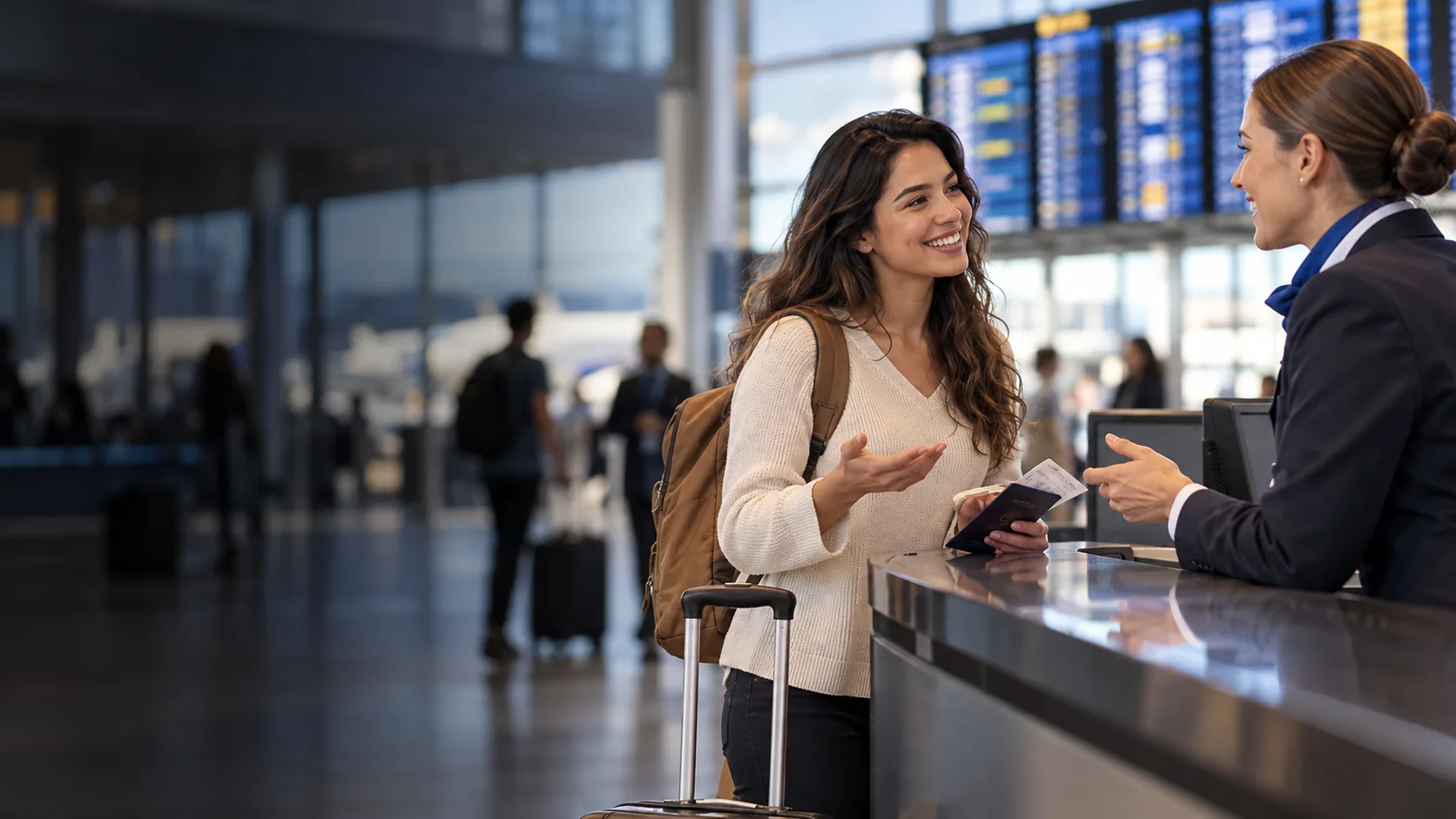 Viajante conversa com uma atendente no aeroporto