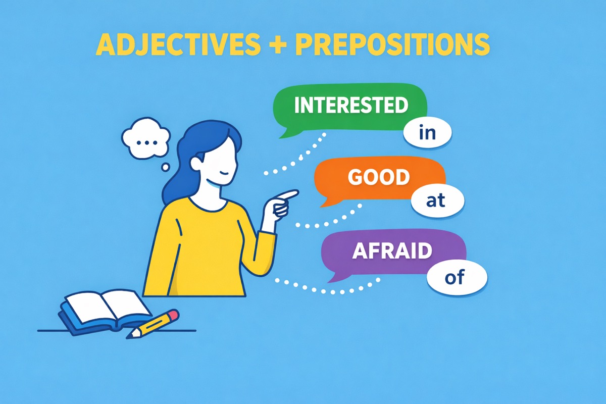 Ilustração educacional mostrando combinações de adjetivos com preposições em inglês, como interested in, good at e afraid of.