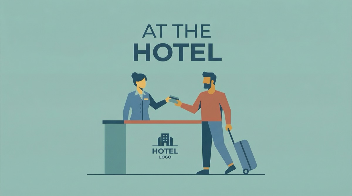 Ilustração vetorial plana de um hóspede com mala na recepção de um hotel recebendo o cartão-chave de um recepcionista sorridente.