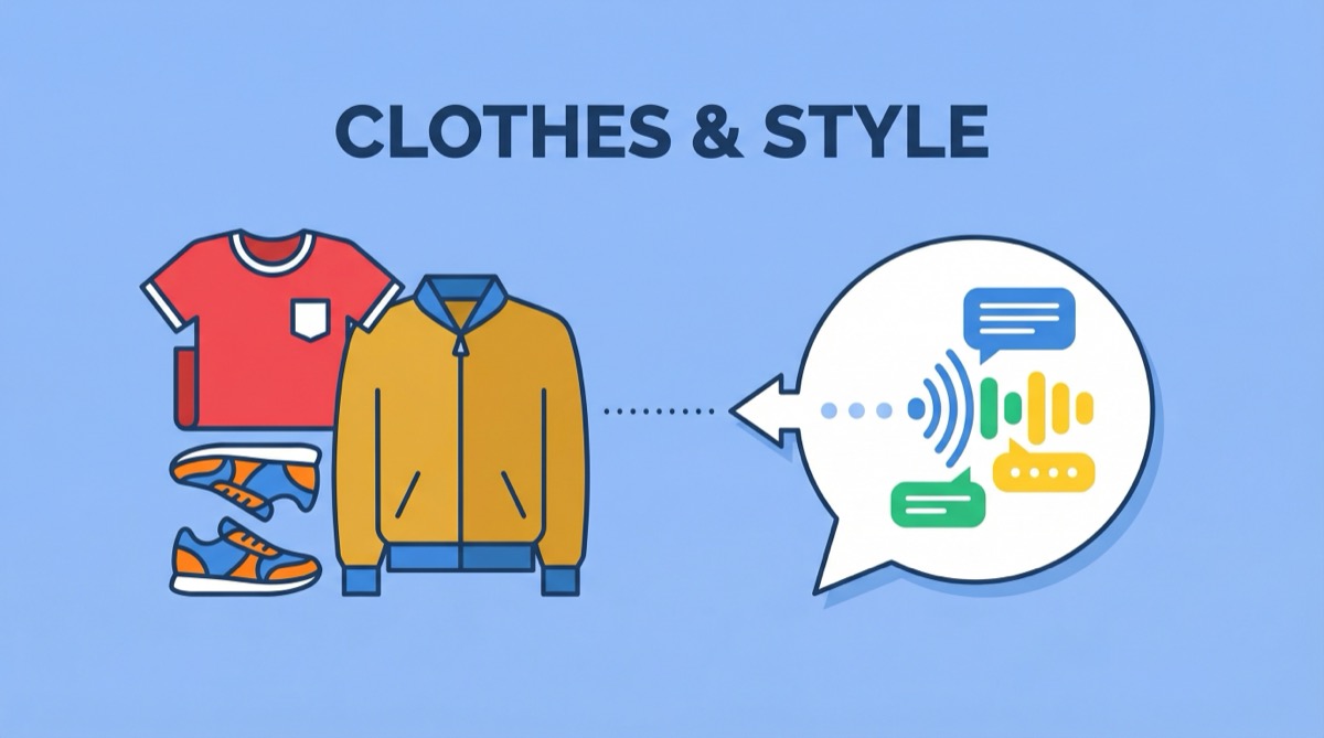 Ilustração vetorial plana mostrando itens de vestuário e balões de diálogo com o título Clothes & Style.