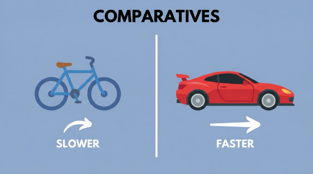 Ilustração vetorial plana mostrando uma comparação visual entre uma bicicleta e um carro esportivo, com o título COMPARATIVES.