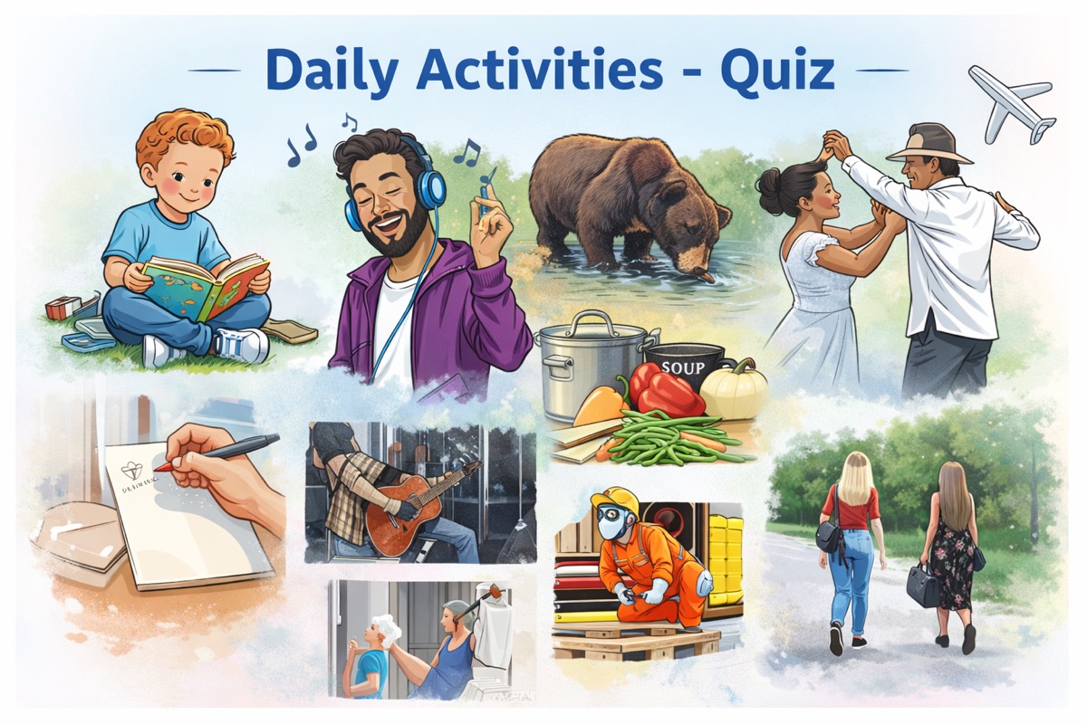 Ilustração simples com ações do dia a dia em inglês