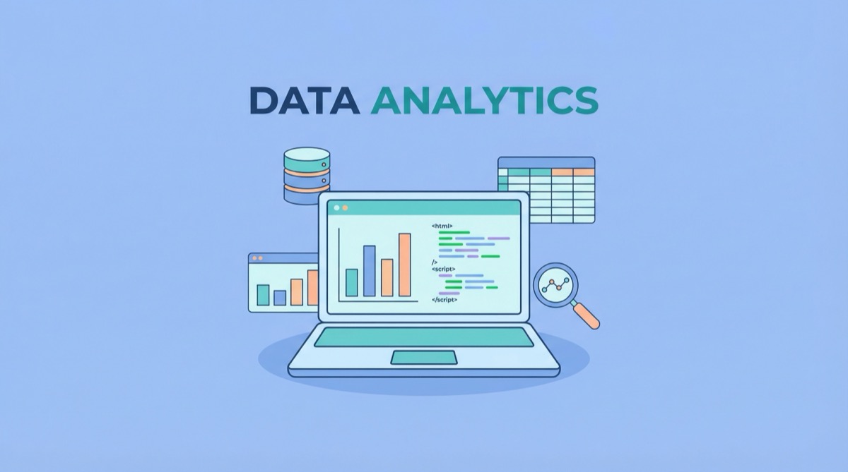 Ilustração vetorial de um ambiente de trabalho digital com laptop, gráficos e ícones de banco de dados, com o texto DATA ANALYTICS.