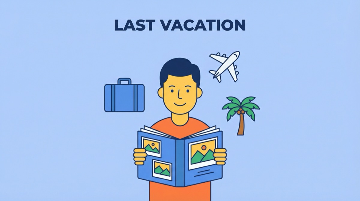 Ilustração vetorial moderna de um viajante segurando um álbum de fotos com ícones de turismo e o texto Last Vacation.