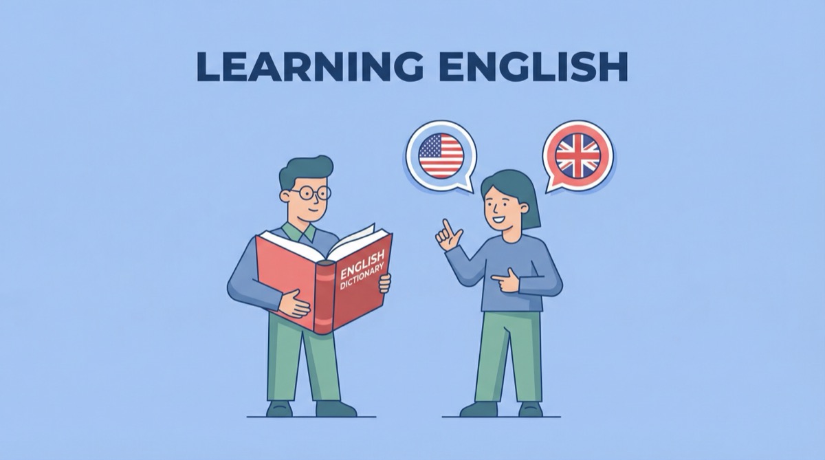 Ilustração vetorial plana de estudantes conversando com balões de fala, representando a prática de conversação em inglês.