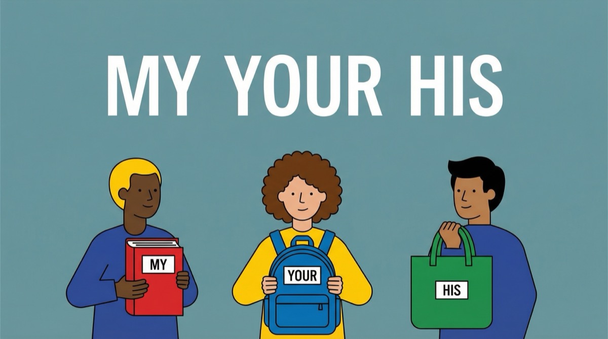 Ilustração vetorial minimalista com personagens segurando objetos pessoais, sob o título estilizado My, Your, His.