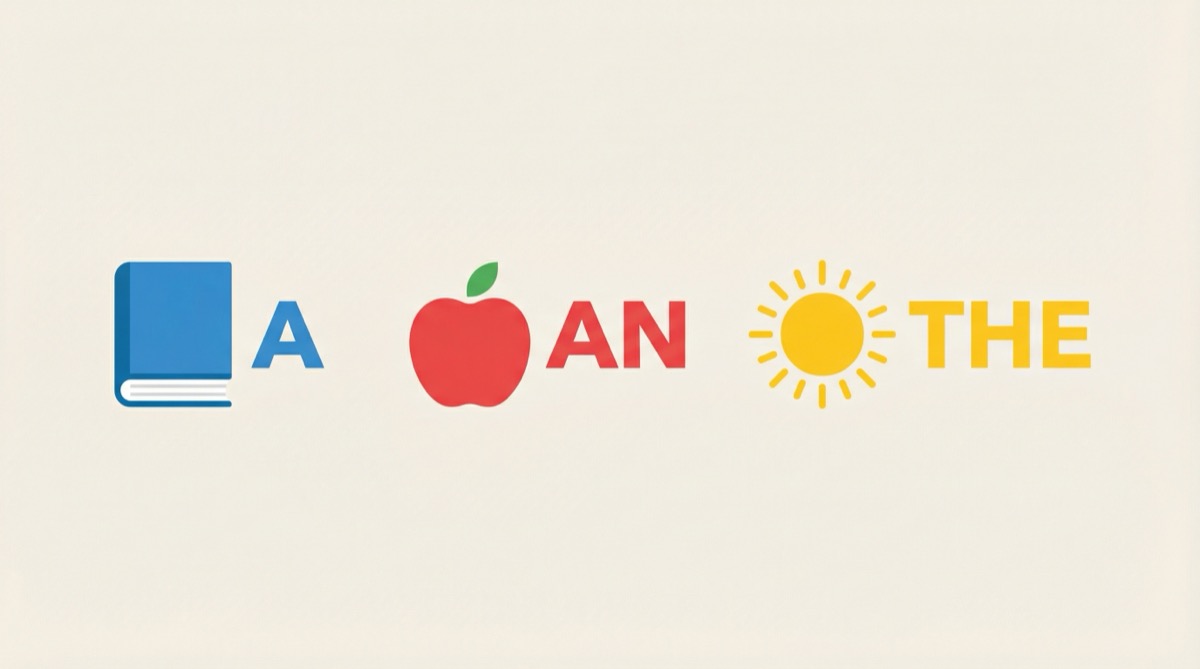 Ilustração vetorial plana com as palavras A, AN e THE em destaque, acompanhadas por ícones minimalistas de um livro, uma maçã e o sol.