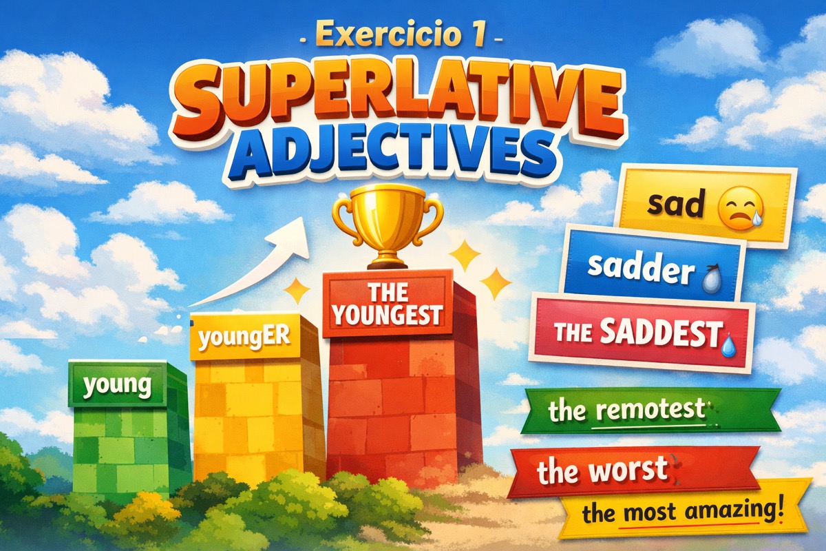 Ilustração educativa mostrando adjetivos em inglês sendo transformados em formas superlativas.