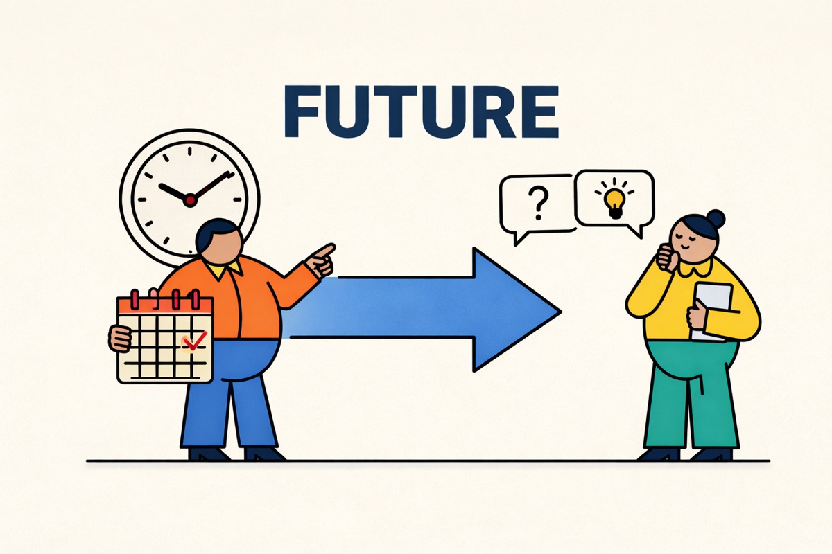 Ilustração minimalista com opções will e going to para falar do futuro.