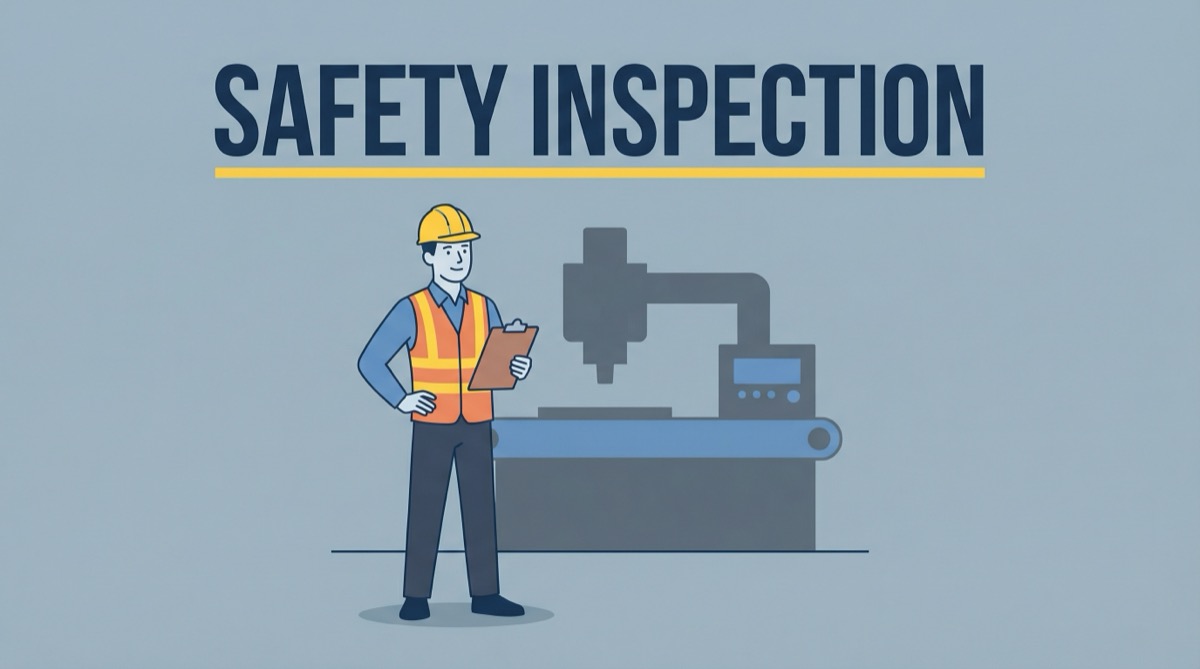 Ilustração vetorial plana de um engenheiro de segurança usando capacete e colete em uma fábrica, com o texto SAFETY INSPECTION em destaque.