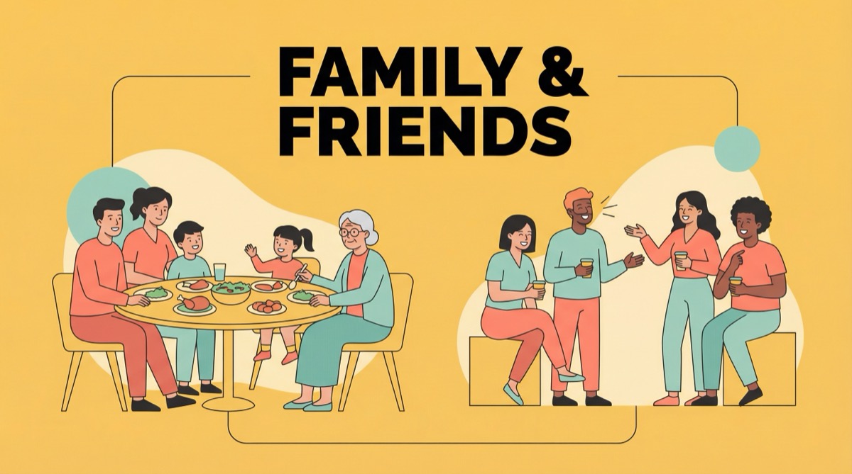 Ilustração vetorial estilo flat design mostrando um grupo diverso de pessoas conversando alegremente, com o texto FAMILY & FRIENDS em destaque.