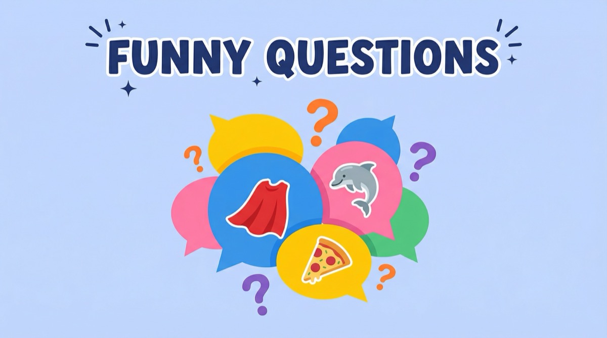 Ilustração vetorial moderna com balões de fala coloridos contendo ícones de super-herói e perguntas, com o texto FUNNY QUESTIONS em destaque.