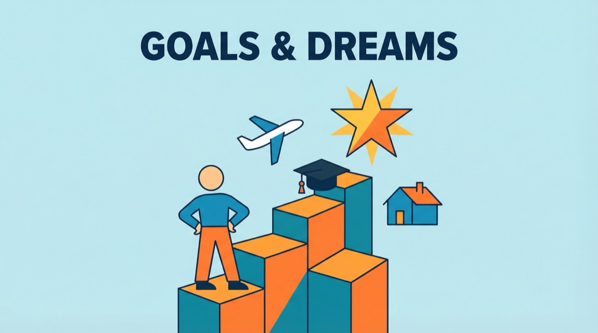 Ilustração vetorial plana de um personagem subindo uma escada em direção a uma estrela, com o texto GOALS & DREAMS no topo.
