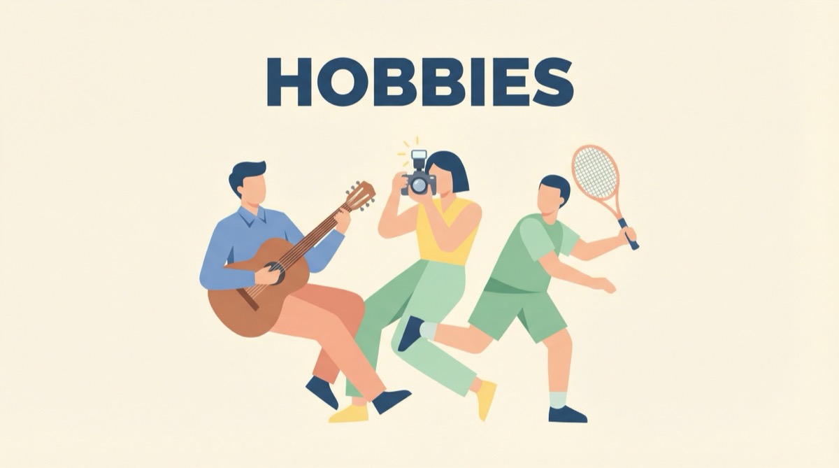 Ilustração vetorial moderna mostrando pessoas praticando hobbies como música, fotografia e esportes, com o texto HOBBIES em destaque.