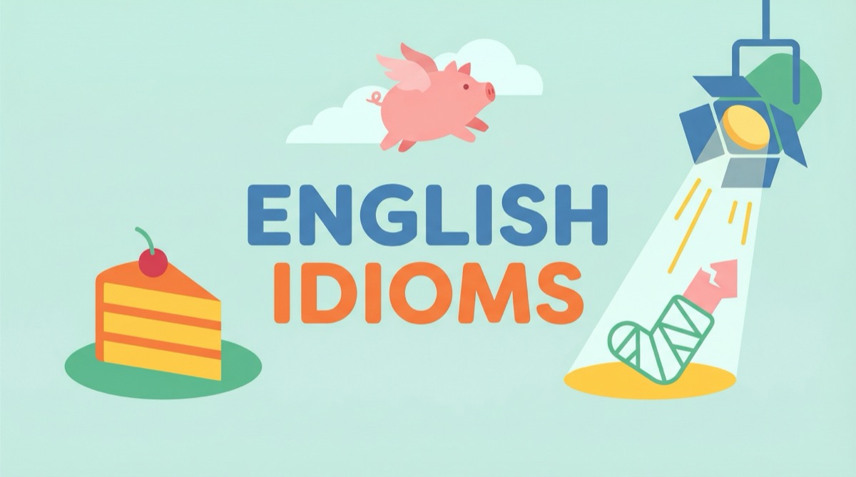 Ilustração vetorial moderna com o texto 'ENGLISH IDIOMS' ao centro, rodeado por ícones divertidos representando expressões como um porco voando e uma fatia de bolo.