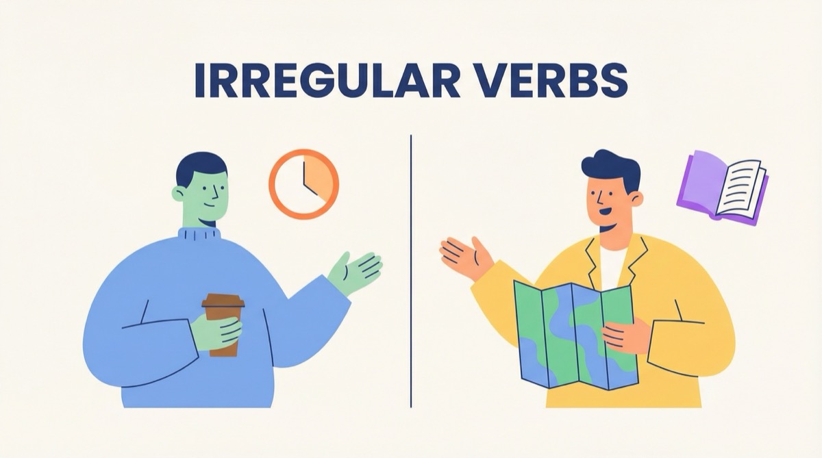 Ilustração vetorial moderna de duas pessoas conversando com balões de fala, destacando o tema verbos irregulares.