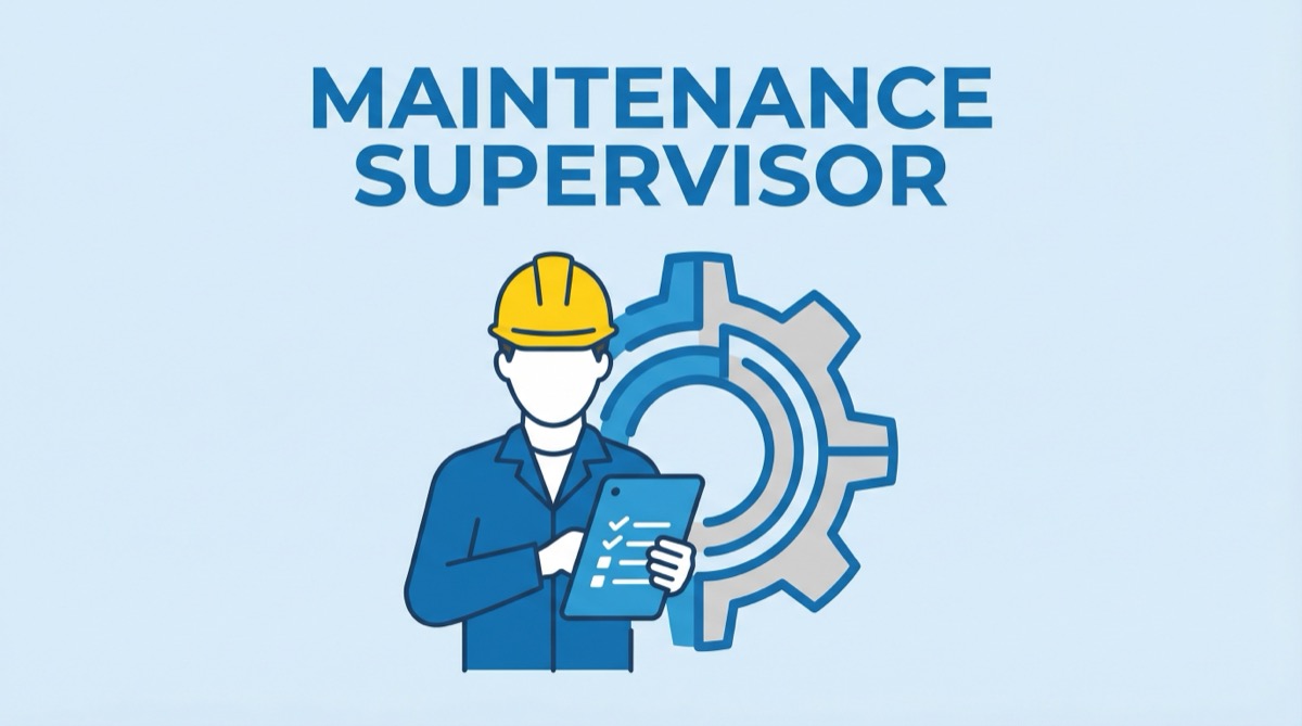 Ilustração vetorial plana de um supervisor de manutenção com capacete e tablet inspecionando uma máquina.