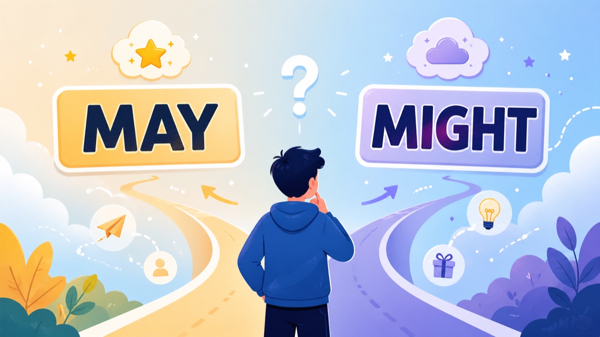 Ilustração de alunos completando frases em inglês com may e might em uma atividade de gramática.