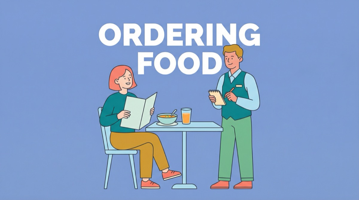 Ilustração vetorial plana de um cliente fazendo um pedido a um garçom em um restaurante, com o texto ORDERING FOOD.