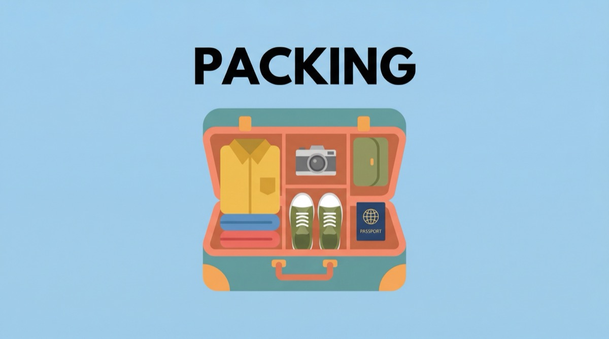 Ilustração vetorial minimalista mostrando uma mala aberta com roupas e itens de viagem, com o título PACKING em destaque.