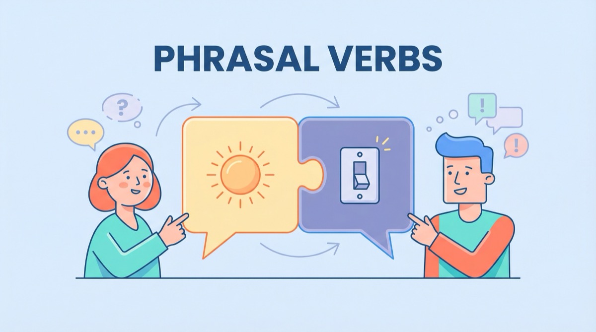 Ilustração vetorial plana de balões de fala entrelaçados representando diálogo, com o texto 'PHRASAL VERBS' em destaque, simbolizando o aprendizado de inglês.