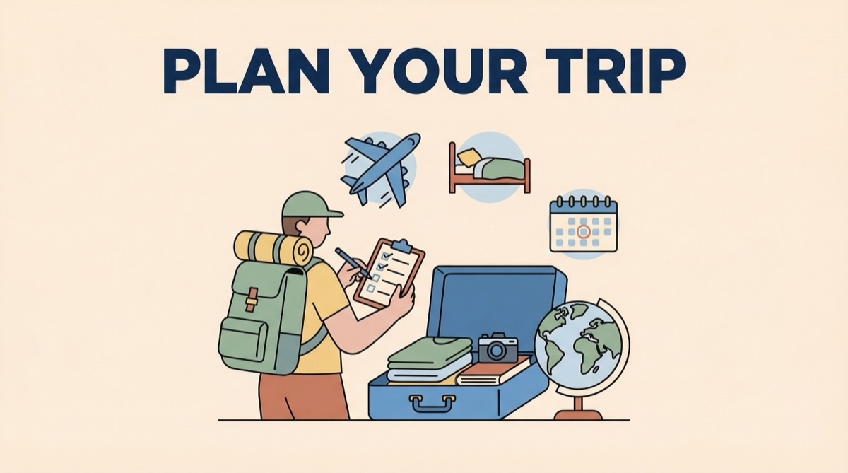Ilustração vetorial de um viajante organizando itens essenciais de viagem com um mapa e mala, e o texto PLAN YOUR TRIP no topo.