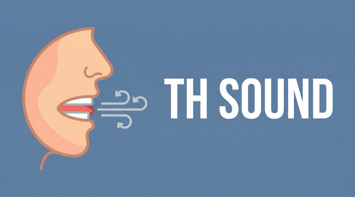 Ilustração educativa vetorial estilo flat mostrando o perfil de um rosto com a língua posicionada entre os dentes, com o texto 'TH SOUND' em destaque.
