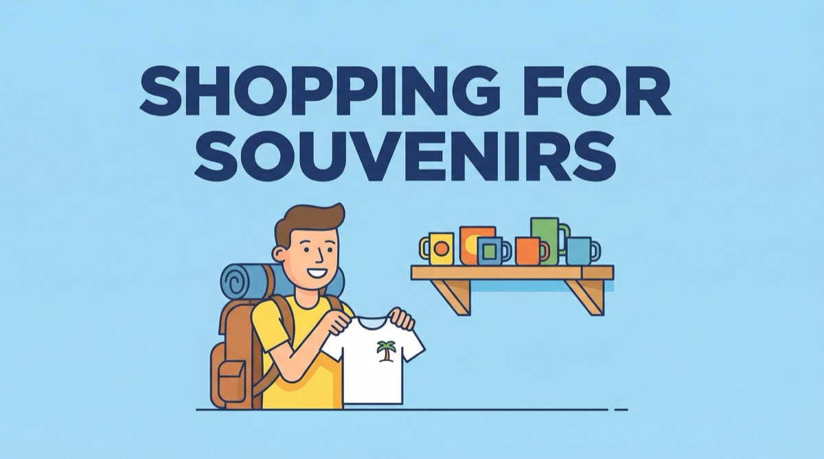 Ilustração vetorial plana de um turista em uma loja de presentes escolhendo lembrancinhas como camisetas e canecas.