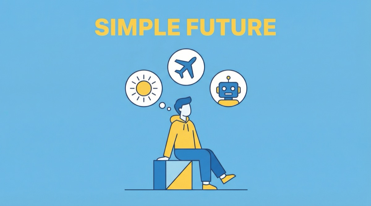 Ilustração vetorial plana de um personagem pensando sobre o futuro com ícones de viagem e tecnologia, estilo educativo.